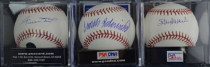 Willie Mays (PSA 9.5), Stan Musial (PSA 10) and Frank Robinson (PSA 9.5) Signed Balls (Lot of 3)